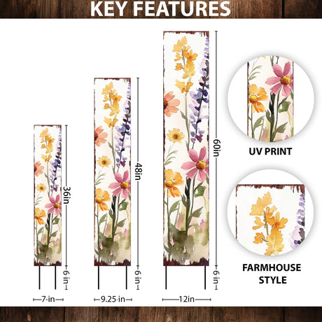 Summer Wildflowers Wooden Garden Stake Sign – Outdoor Floral Yard Décor | UV Print | Farmhouse Style | Multiple Sizes