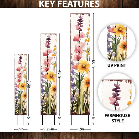 Summer Wildflowers Wooden Garden Stake Sign – Outdoor Floral Yard Décor | UV Print | Farmhouse Style | Multiple Sizes