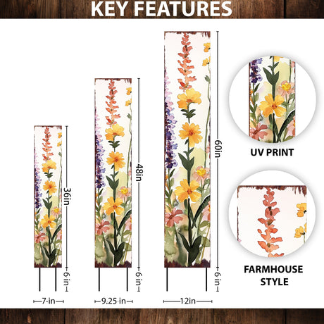 Summer Wildflowers Wooden Garden Stake Sign – Outdoor Floral Yard Décor | UV Print | Farmhouse Style | Multiple Sizes