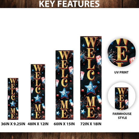 4th of July Welcome Porch Sign | Patriotic Vertical Sign for Door, Mantel & Entryway | UV Printed Wood | Rustic Farmhouse Style | Multi Sizes