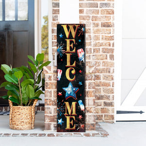 4th of July Welcome Porch Sign | Patriotic Vertical Sign for Door, Mantel & Entryway | UV Printed Wood | Rustic Farmhouse Style | Multi Sizes