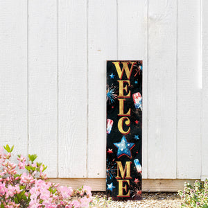4th of July Welcome Porch Sign | Patriotic Vertical Sign for Door, Mantel & Entryway | UV Printed Wood | Rustic Farmhouse Style | Multi Sizes
