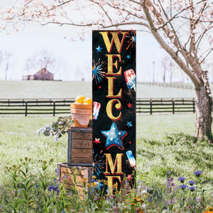 4th of July Welcome Porch Sign | Patriotic Vertical Sign for Door, Mantel & Entryway | UV Printed Wood | Rustic Farmhouse Style | Multi Sizes