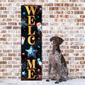 4th of July Welcome Porch Sign | Patriotic Vertical Sign for Door, Mantel & Entryway | UV Printed Wood | Rustic Farmhouse Style | Multi Sizes