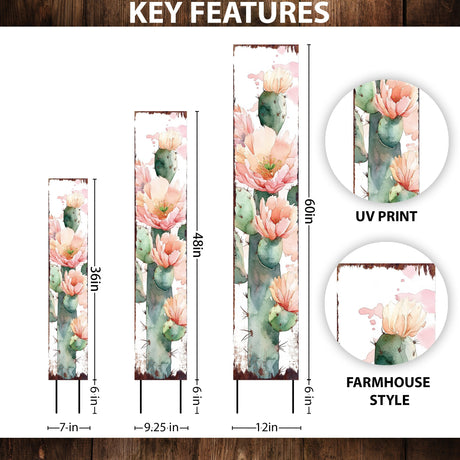 Summer Cactus Wooden Garden Stake Sign | Watercolor Outdoor Yard Décor | Farmhouse Style UV Printed | Multiple Sizes