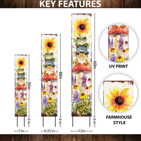 Summer Frog Garden Stake – Funny Watercolor Wooden Yard Sign with Sunflowers & Mushrooms | UV Print | Outdoor Decor | Multi Sizes
