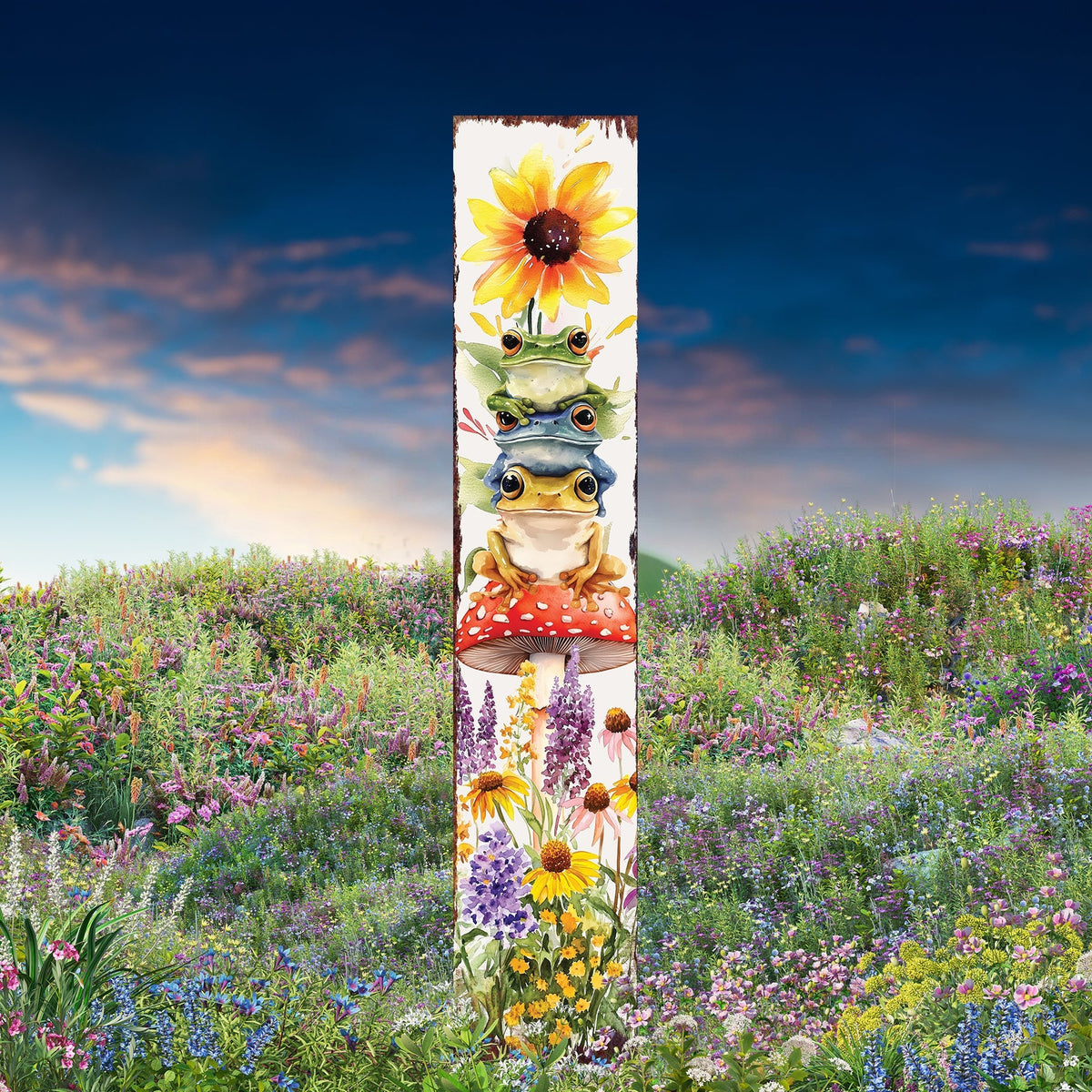 Summer Frog Garden Stake – Funny Watercolor Wooden Yard Sign with Sunflowers & Mushrooms | UV Print | Outdoor Decor | Multi Sizes