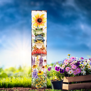 Summer Frog Garden Stake – Funny Watercolor Wooden Yard Sign with Sunflowers & Mushrooms | UV Print | Outdoor Decor | Multi Sizes