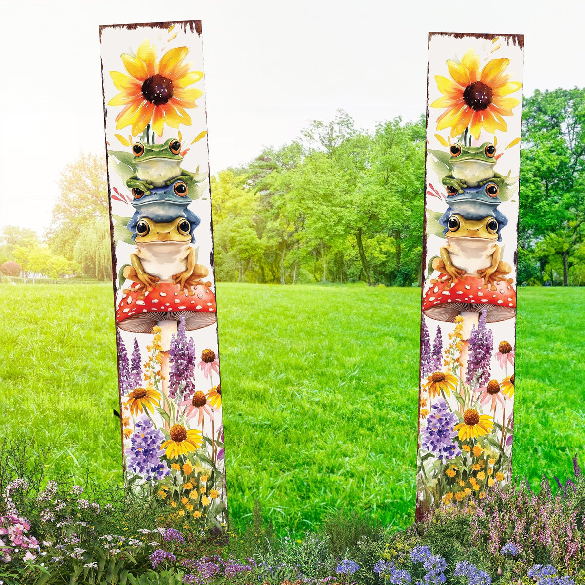Summer Frog Garden Stake – Funny Watercolor Wooden Yard Sign with Sunflowers & Mushrooms | UV Print | Outdoor Decor | Multi Sizes