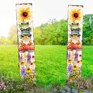 Summer Frog Garden Stake – Funny Watercolor Wooden Yard Sign with Sunflowers & Mushrooms | UV Print | Outdoor Decor | Multi Sizes
