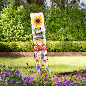 Summer Frog Garden Stake – Funny Watercolor Wooden Yard Sign with Sunflowers & Mushrooms | UV Print | Outdoor Decor | Multi Sizes