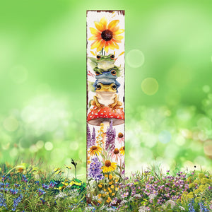 Summer Frog Garden Stake – Funny Watercolor Wooden Yard Sign with Sunflowers & Mushrooms | UV Print | Outdoor Decor | Multi Sizes