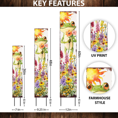 Summer Frog Garden Stake – Funny Watercolor Yard Sign with Wildflowers | Outdoor Wooden Decor | UV Print | Multi Sizes