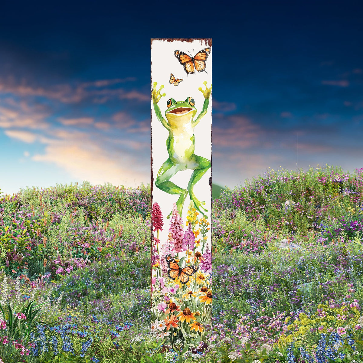 Summer Frog Garden Stake – Funny Watercolor Yard Sign with Butterflies & Flowers | Outdoor Decor | UV Print | Multi Sizes