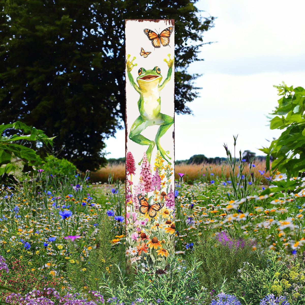 Summer Frog Garden Stake – Funny Watercolor Yard Sign with Butterflies & Flowers | Outdoor Decor | UV Print | Multi Sizes