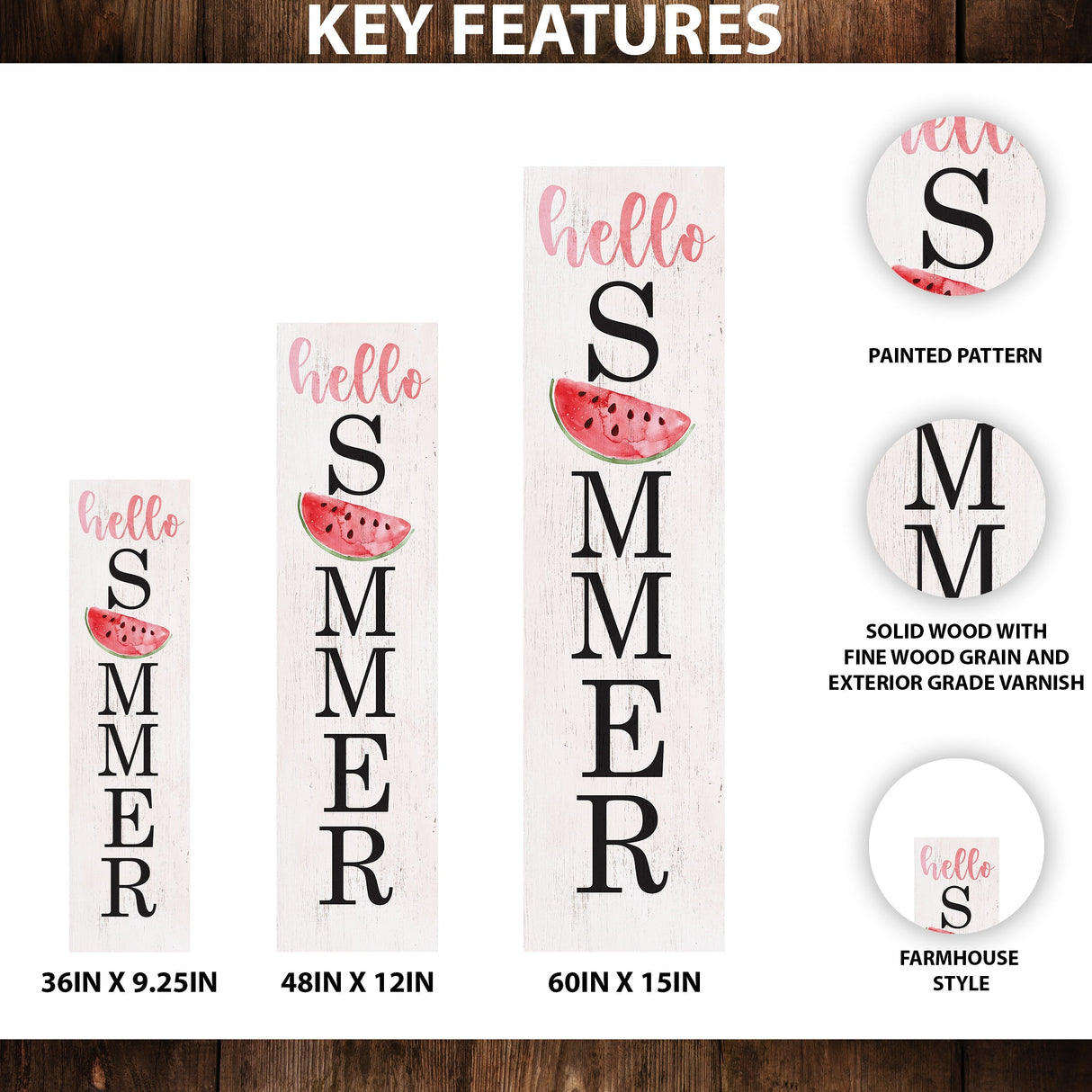 Hello Summer Wooden Porch Sign with Watermelon Pattern | Seasonal Welcome Sign | Front Porch Home Decor | 3 Sizes