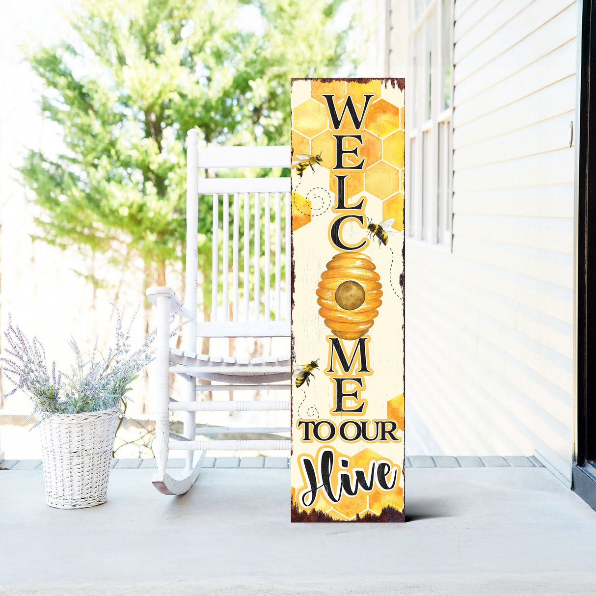 Welcome to Our Hive Summer Porch Sign | Bee-Themed Decor | UV Print | Front Door, Porch, Entryway, or Indoor Display | Multi Sizes