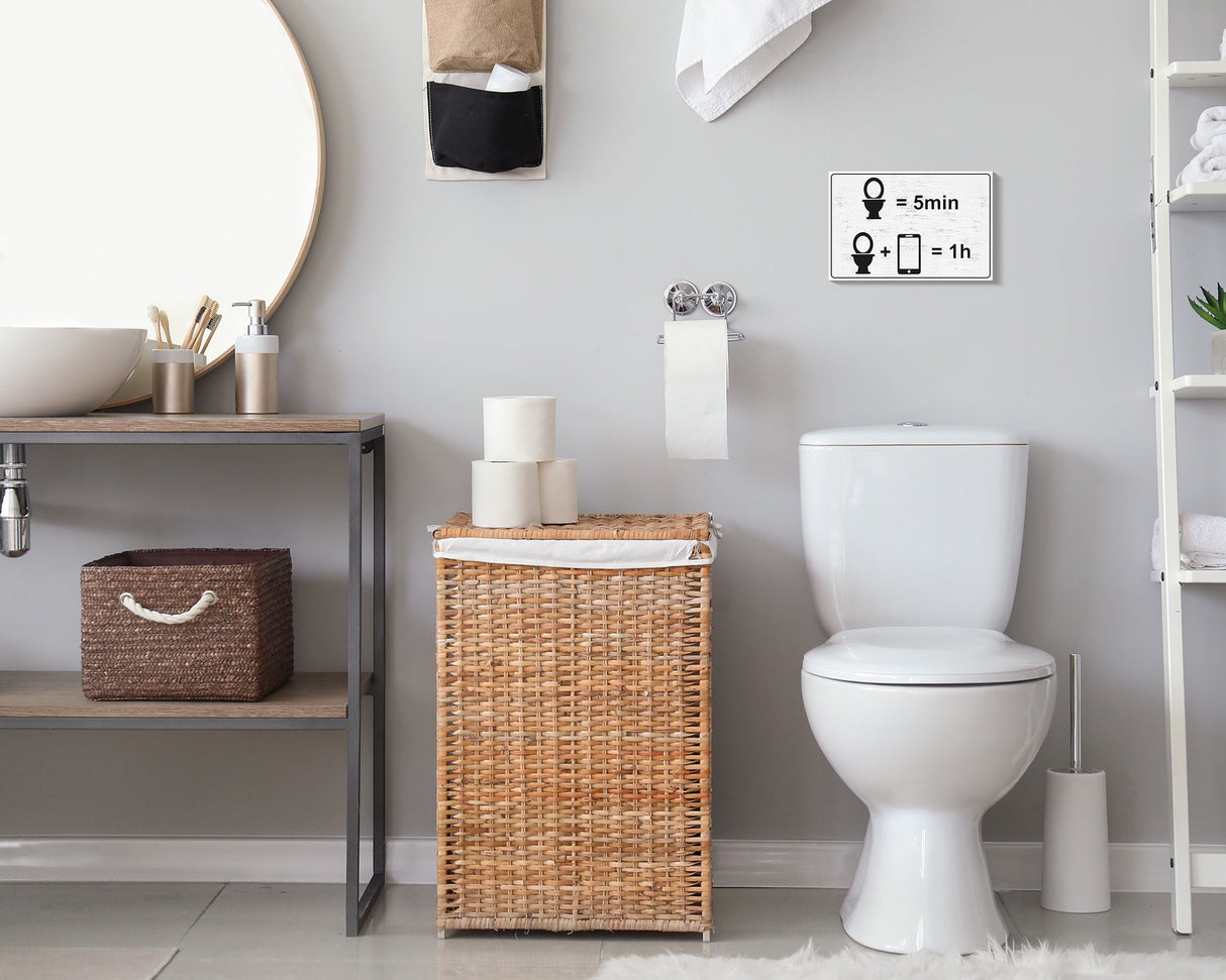 Add laughter to your bathroom: 7.5in x 5in wooden wall decor sign - "toilet = 5 min, toilet + phone = 1 hour" - humorous & fun