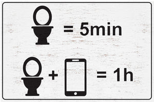 Add laughter to your bathroom: 7.5in x 5in wooden wall decor sign - "toilet = 5 min, toilet + phone = 1 hour" - humorous & fun