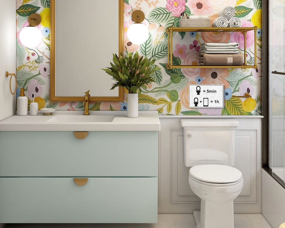 Add laughter to your bathroom: 7.5in x 5in wooden wall decor sign - "toilet = 5 min, toilet + phone = 1 hour" - humorous & fun