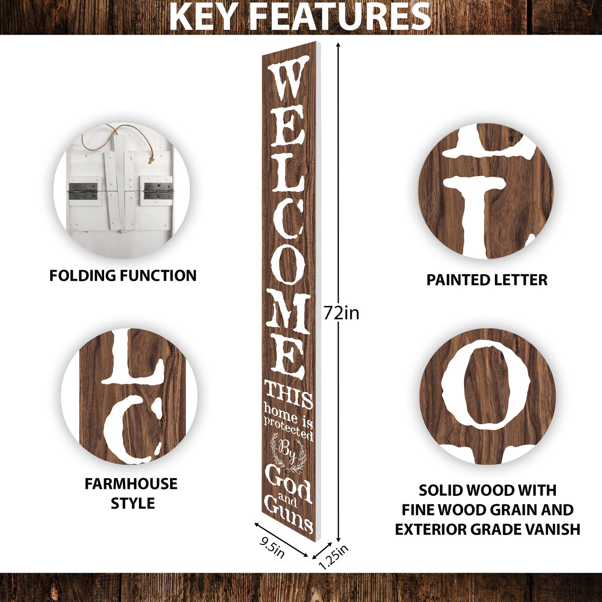 72in 'This Home is Protected by God and Guns' |  Foldable Wooden Front Door & Porch Sign | Bold Home Security Statement | Brown