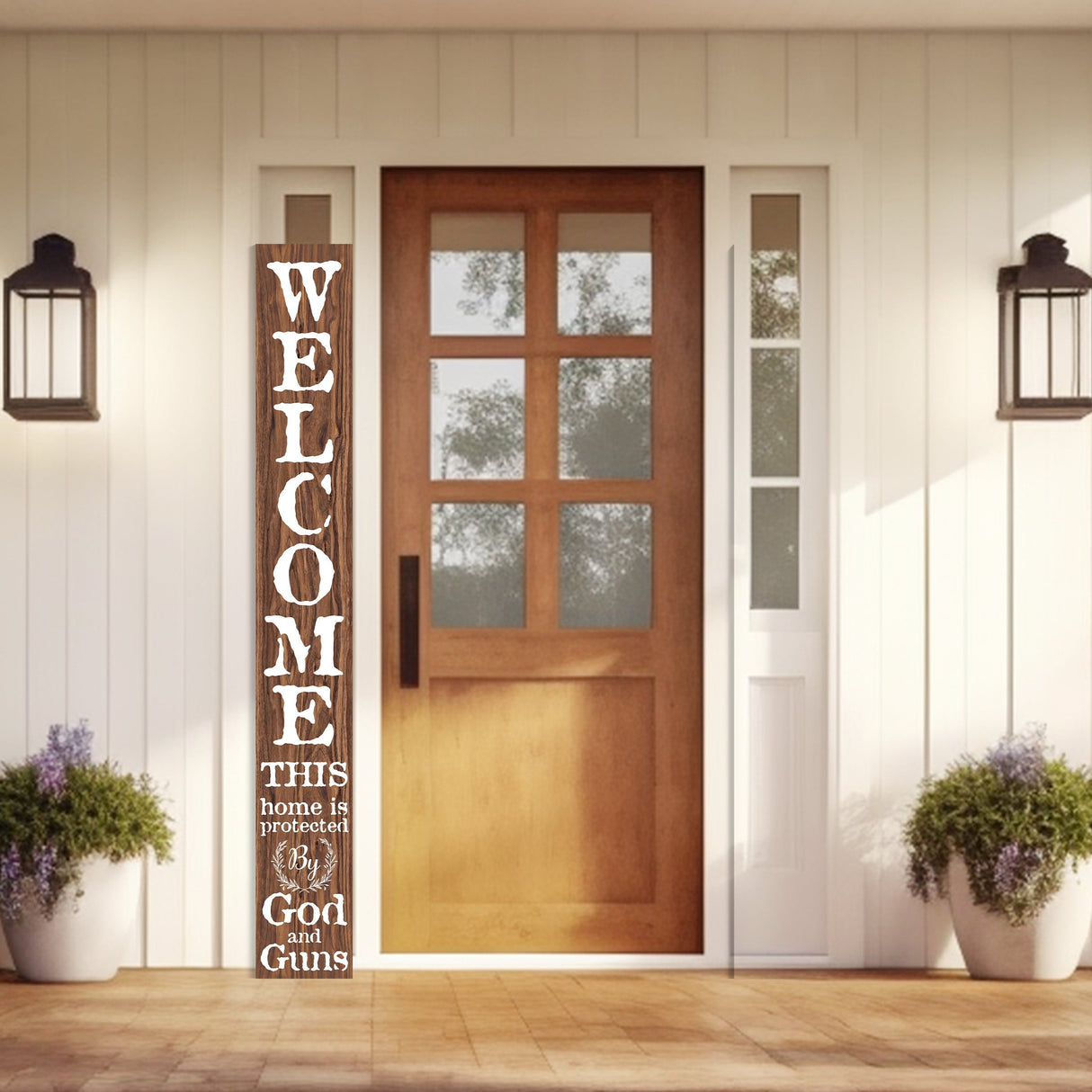 72in 'This Home is Protected by God and Guns' |  Foldable Wooden Front Door & Porch Sign | Bold Home Security Statement | Brown