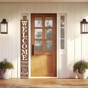 72in 'This Home is Protected by God and Guns' |  Foldable Wooden Front Door & Porch Sign | Bold Home Security Statement | Brown