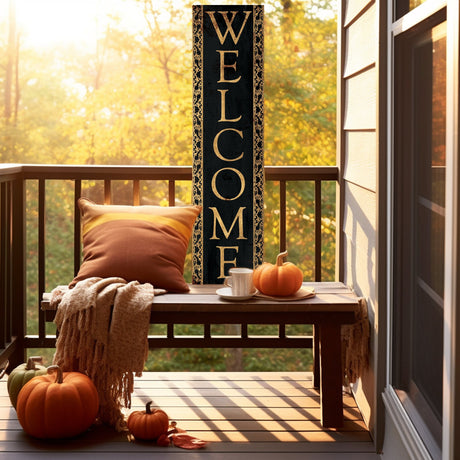 36in welcome porch sign - black with gold front, vintage autumn decoration, rustic modern farmhouse entryway decor
