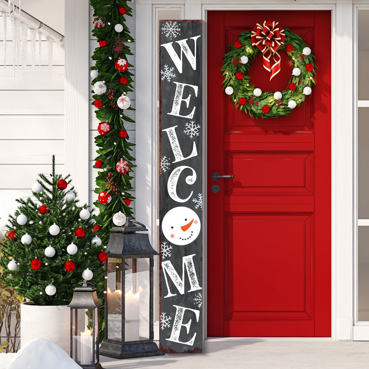72in Snowman Welcome Sign for Front Door - Gray Vertical Wooden Christmas Porch Decor, Modern Farmhouse Welcome Sign for Front Porch