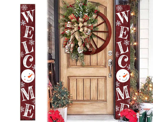 72in Snowman Welcome Sign for Front Door - Red Vertical Wooden Christmas Porch Decor, Modern Farmhouse Welcome Sign for Front Porch