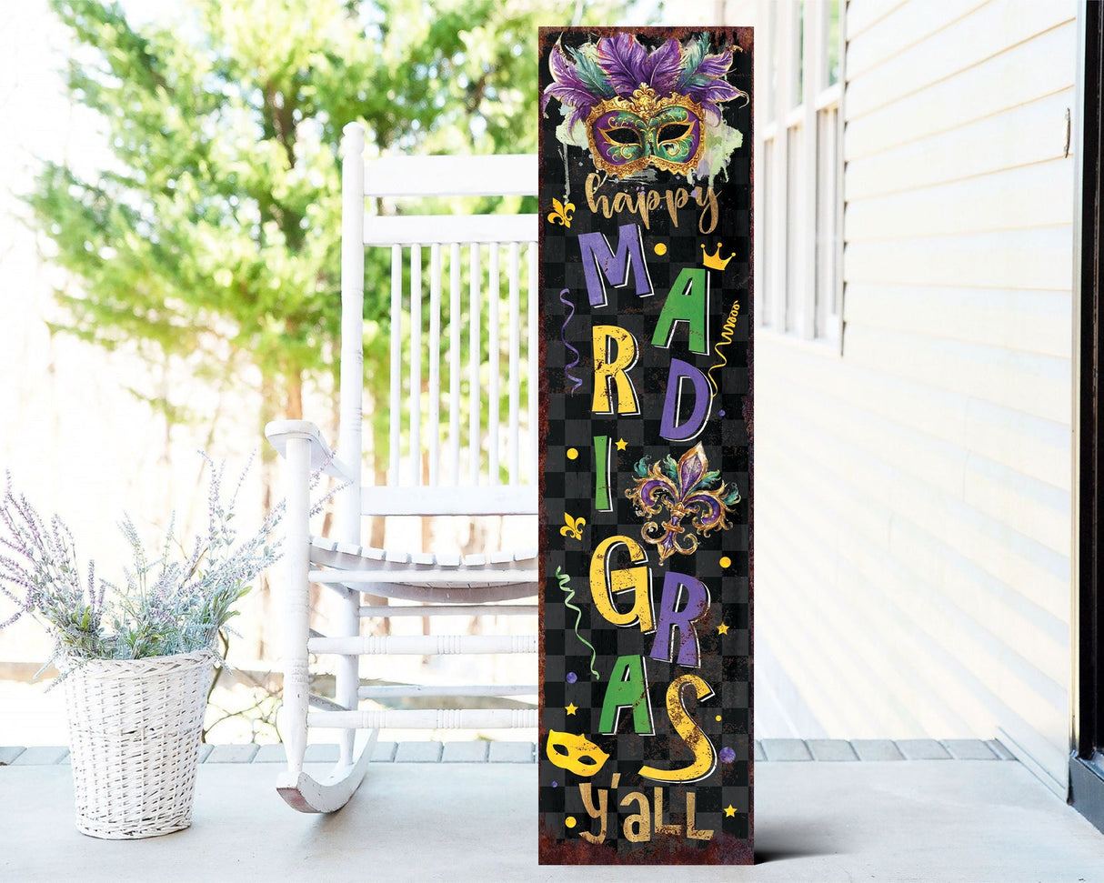 Rustic modern farmhouse entryway board - 36in 'mardi gras y'all' porch sign, front porch mardi gras welcome sign