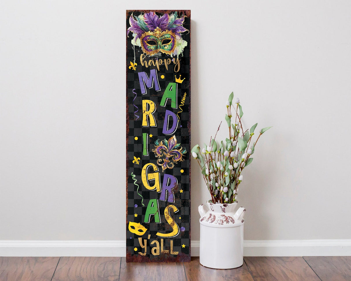 Rustic modern farmhouse entryway board - 36in 'mardi gras y'all' porch sign, front porch mardi gras welcome sign
