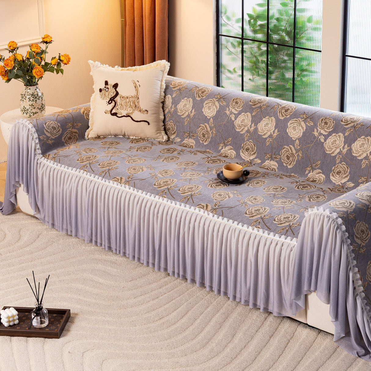 French Country Floral Sofa Cover with Ruffled Skirt, Farmhouse Decor for Living Room