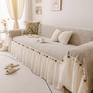 Boho Couch Cover with Knitted Stripes, Chiffon Skirt & Pom Fringe, Pet-Friendly Throw