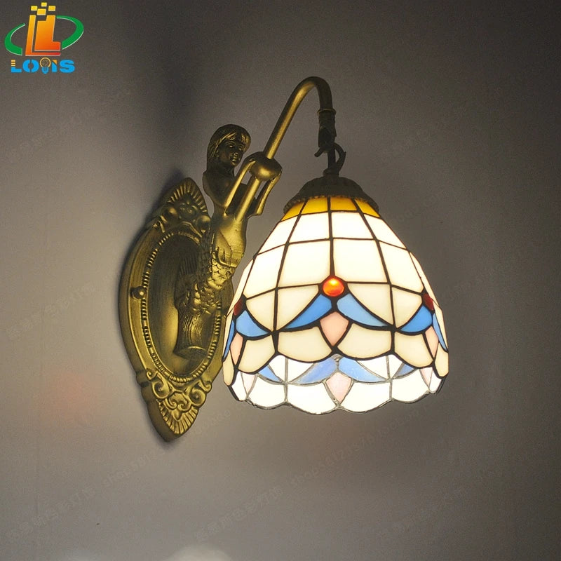 6" Tiffany Style LED Wall Lamp Mermaid Glass Bedroom Living Room Vanity Light