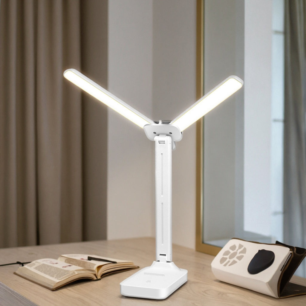 Dual Head LED Desk Lamp USB Rechargeable Foldable Dimmable Reading Light Study