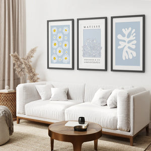 Abstract Matisse Print Set of 3. Blue Floral Wall Art