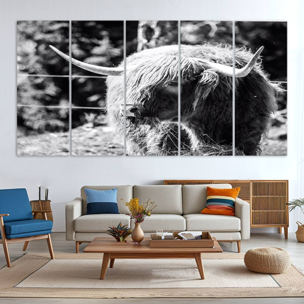 Highland Cow Canvas Wall Art – Black and White Minimalist