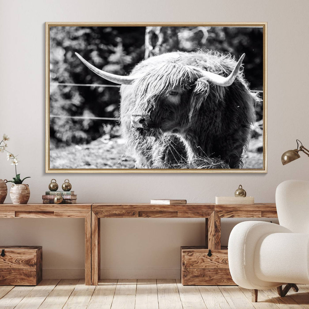 Highland Cow Canvas Wall Art – Black and White Minimalist