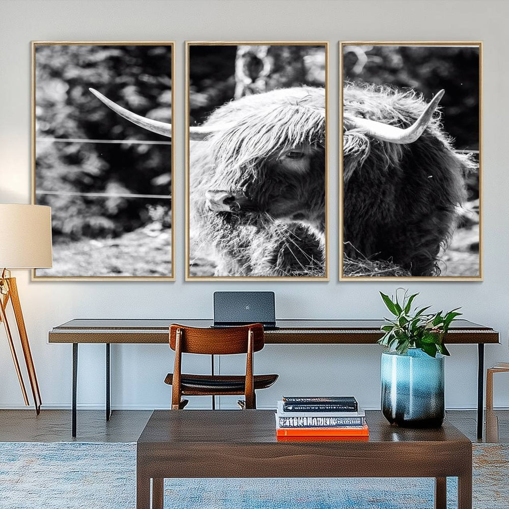 Highland Cow Canvas Wall Art – Black and White Minimalist