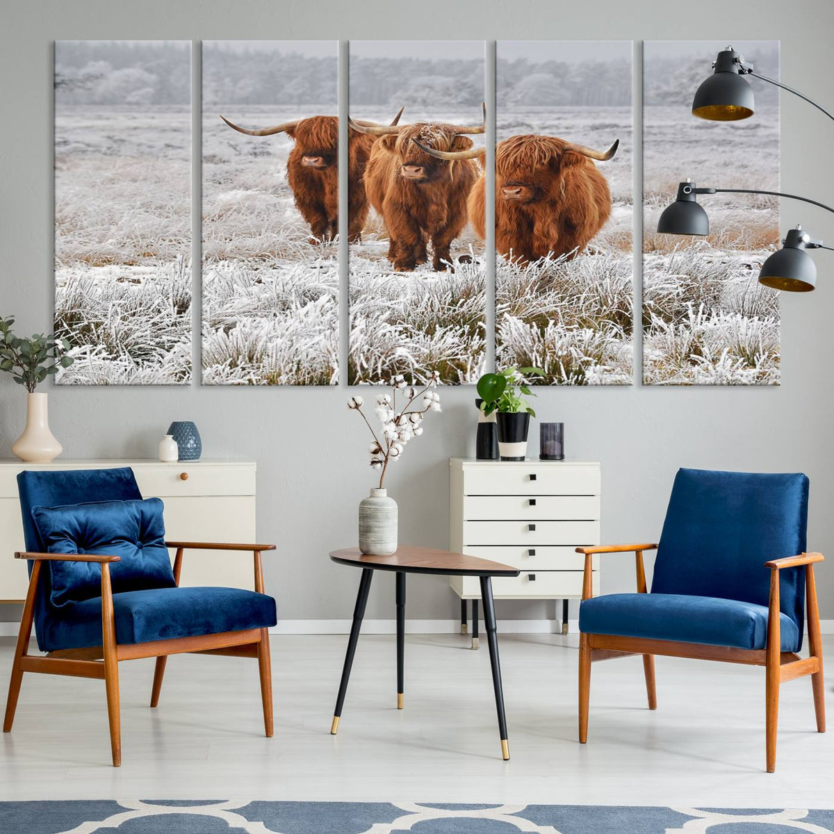Highland Cows in Snow Canvas Art Print, Highland Cattle