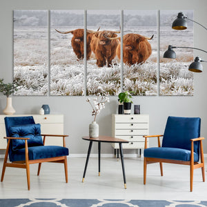 Highland Cows in Snow Canvas Art Print, Highland Cattle