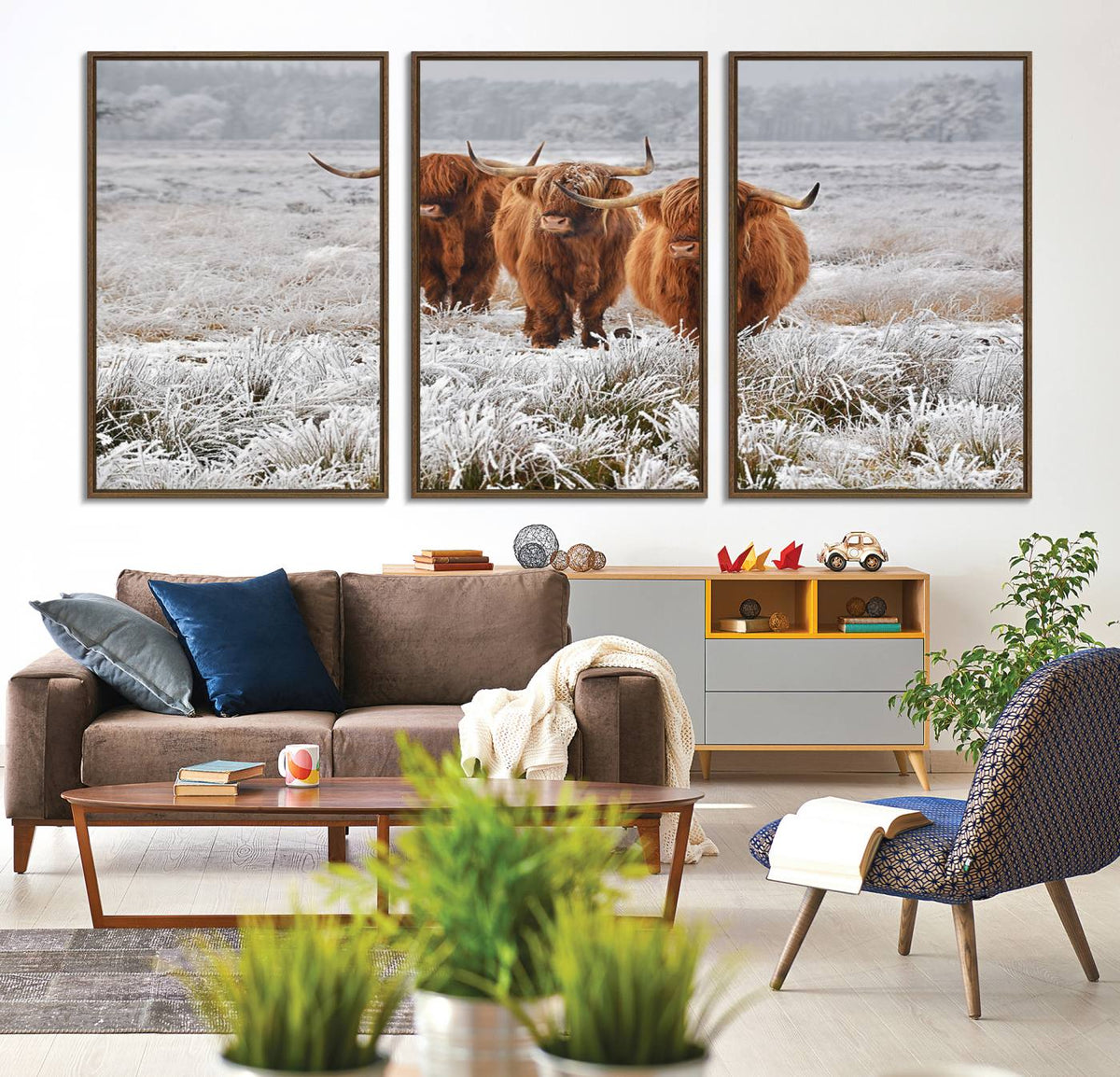 Highland Cows in Snow Canvas Art Print, Highland Cattle