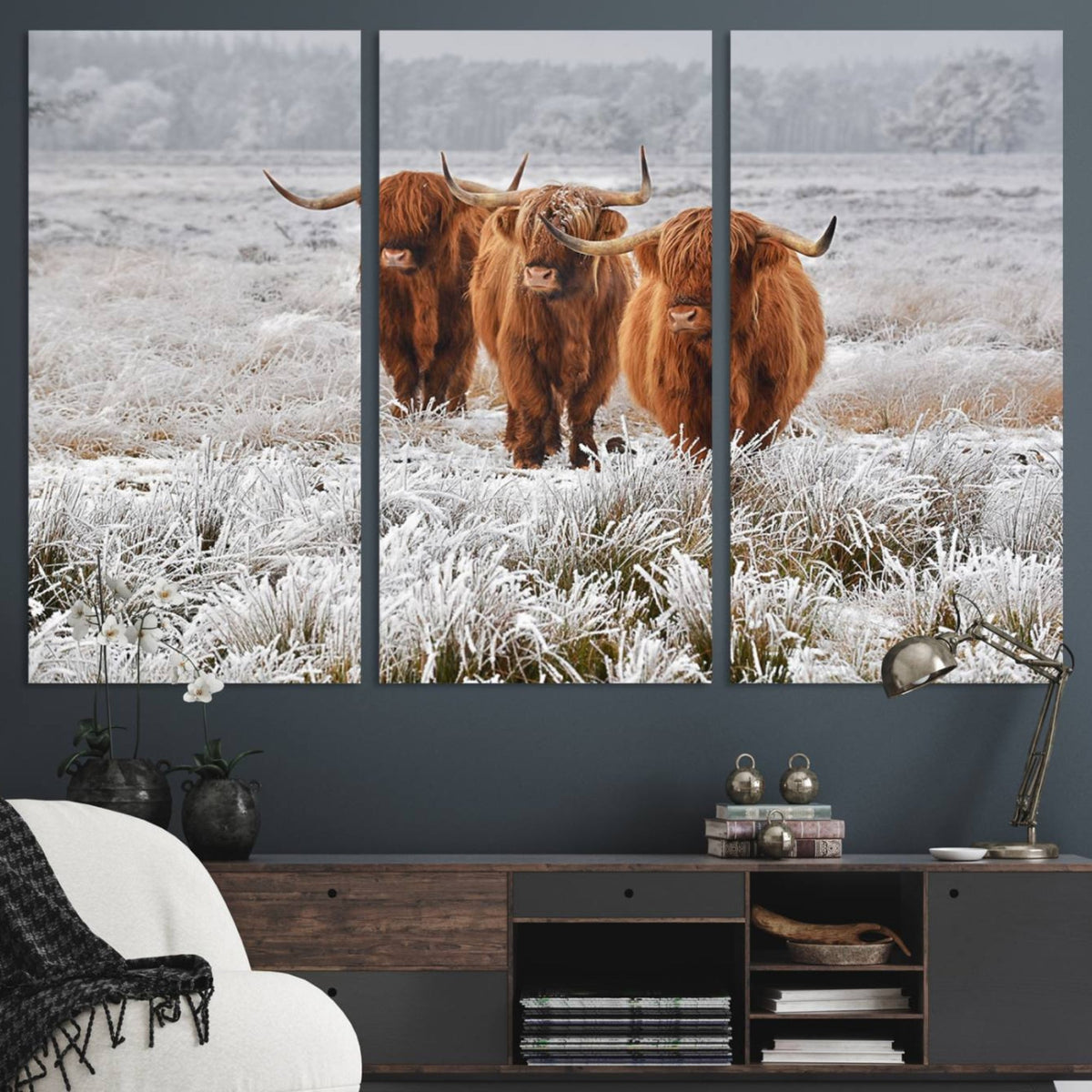 Highland Cows in Snow Canvas Art Print, Highland Cattle