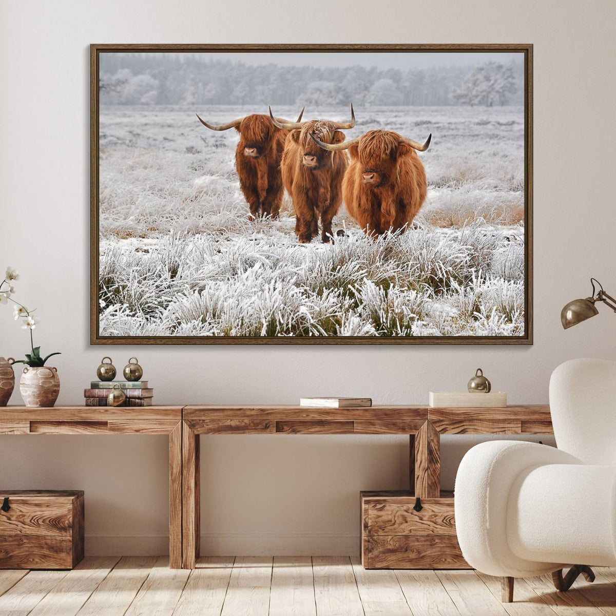 Highland Cows in Snow Canvas Art Print, Highland Cattle