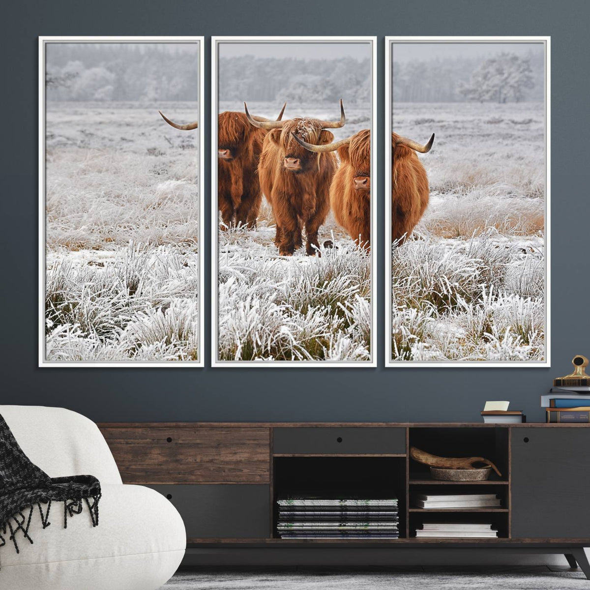 Highland Cows in Snow Canvas Art Print, Highland Cattle