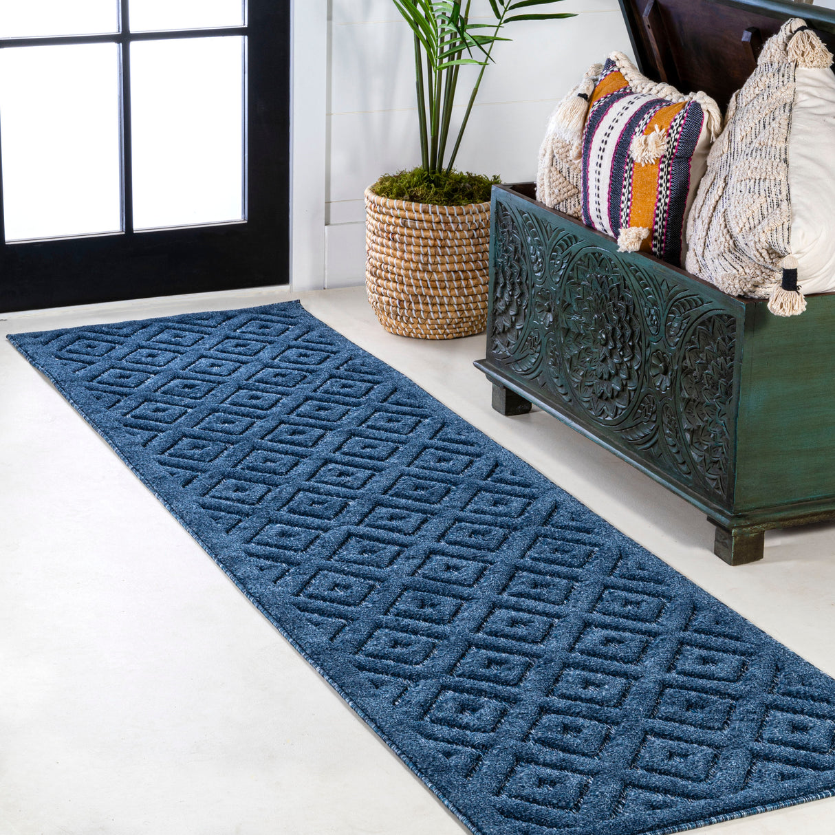 Portmany Neutral Diamond Trellis Indoor/Outdoor Runner Rug