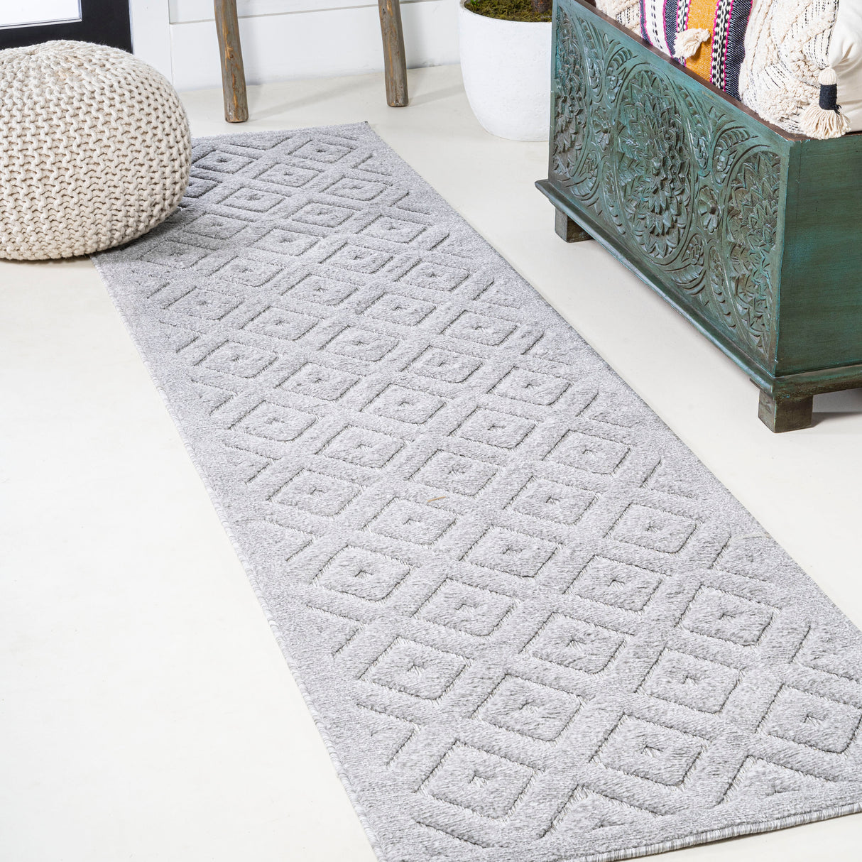 Portmany Neutral Diamond Trellis Indoor/Outdoor Runner Rug