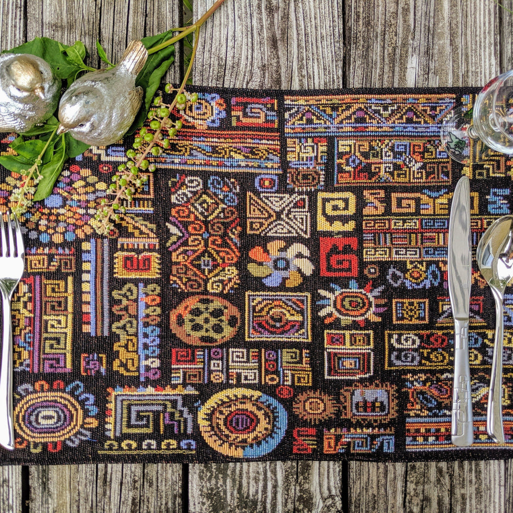 DaDa Bedding Set of 4-Pieces Ethnic Ornaments Geometric Black Tapestry Dining Placemats 13” x 19” (18118)