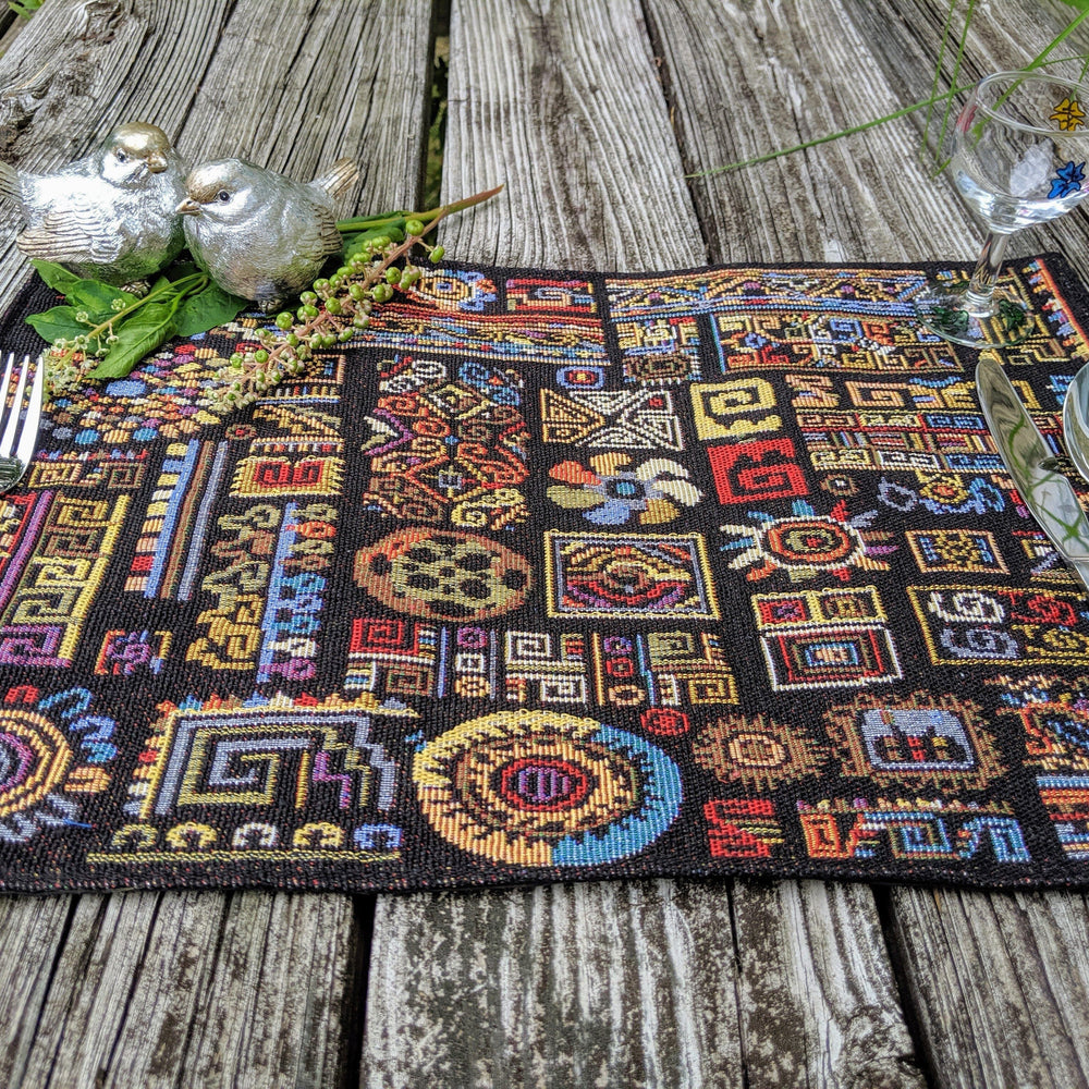 DaDa Bedding Set of 4-Pieces Ethnic Ornaments Geometric Black Tapestry Dining Placemats 13” x 19” (18118)